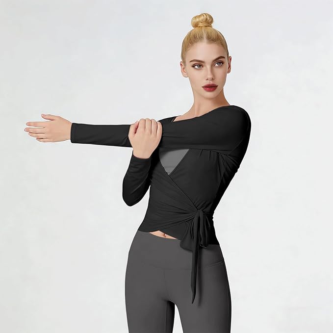 Women Pilates Wrap Top Ballet Tie Workout Shirt Long Sleeve Cross Sexy Deep V Neck Yoga Coquette Blouses Y2k Active Gym