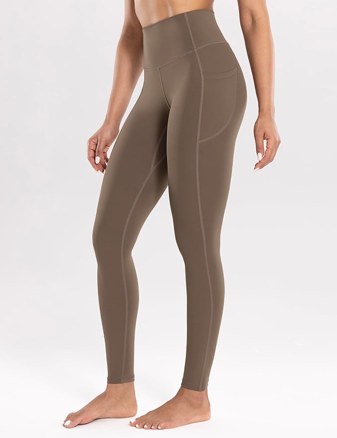 ENERBLOOM Workout Leggings with Pockets for Women High Waist Yoga Pants 25"/28" Cream Soft Lightweight Athletic Gym Tights