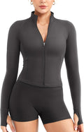 YEOREO Women Full Zip Workout Jacket with Pockets Thumb Hole Long Sleeve Athletic Cropped Jackets Gym Yoga Top