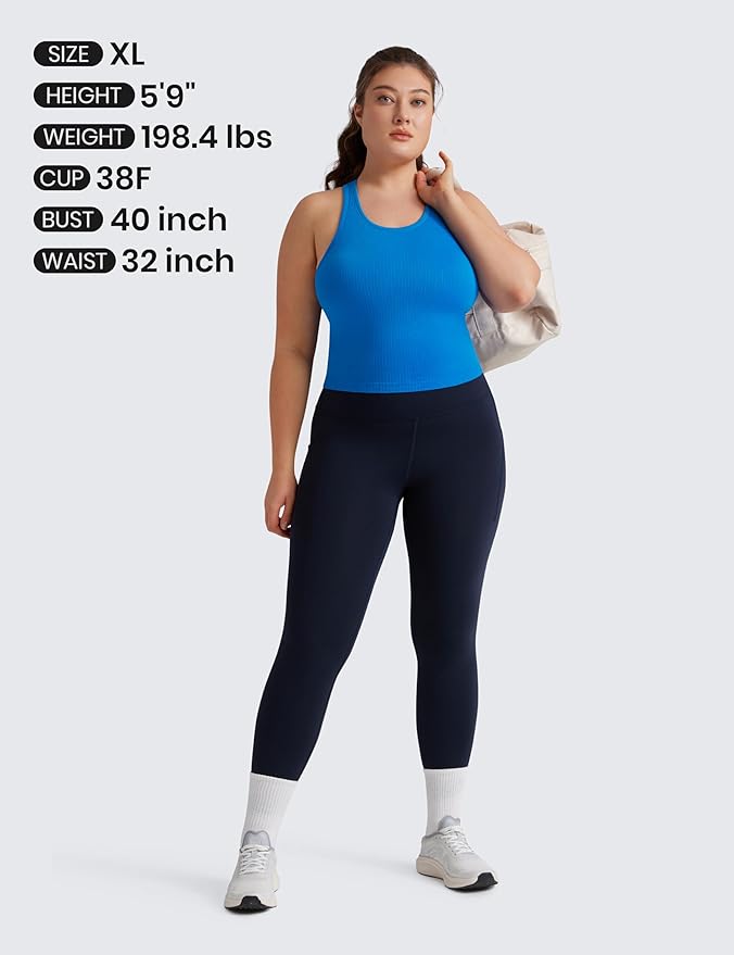 CRZ YOGA Seamless Ribbed High Neck Crop Tank Tops for Women - Longline Racerback Padded Sports Bras