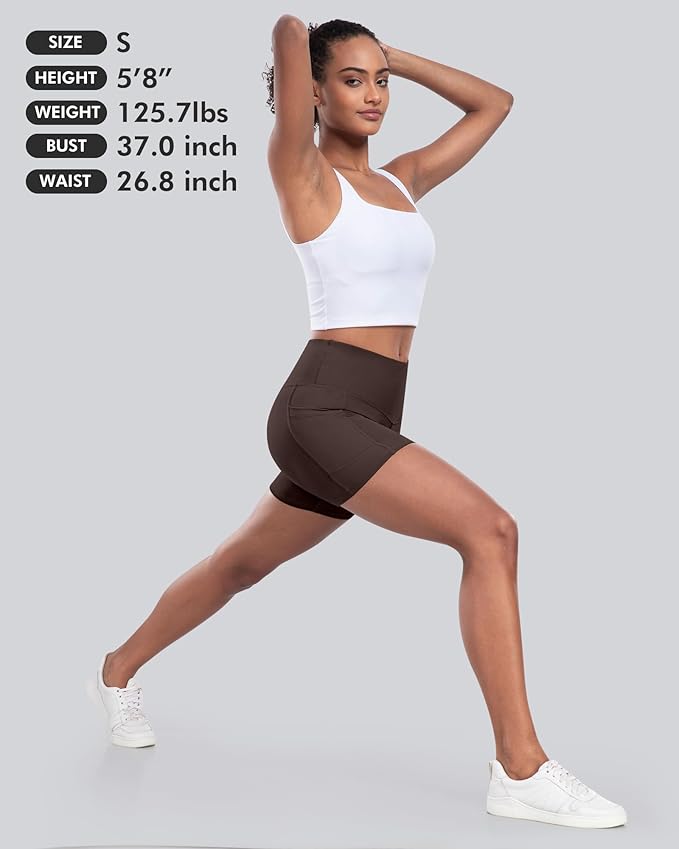 CHRLEISURE Womens Biker Yoga Shorts with Pocket, High Waisted Tummy Control 5 Inch Workout Spandex Athletic Gym Shorts