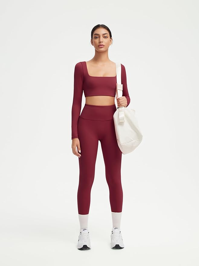 SUUKSESS Women 2 Piece Workout Sets Compression Tummy Control Leggings with Pockets Long Sleeve Square Neck Padded Crop Tops
