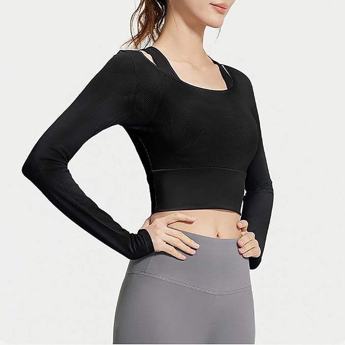 Women's 2 in 1 Yoga Long Sleeve Mesh Gym Athletic Tops Stretch Workout Pilates Shirts with Comfortable Sports Bra
