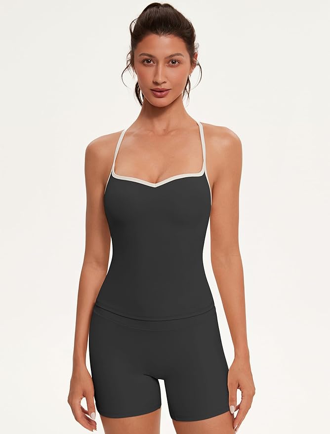 OMKAGI Sports Bras for Women Cute Sweetheart Neck Workout Tank Tops Open Back Yoga Bra Top
