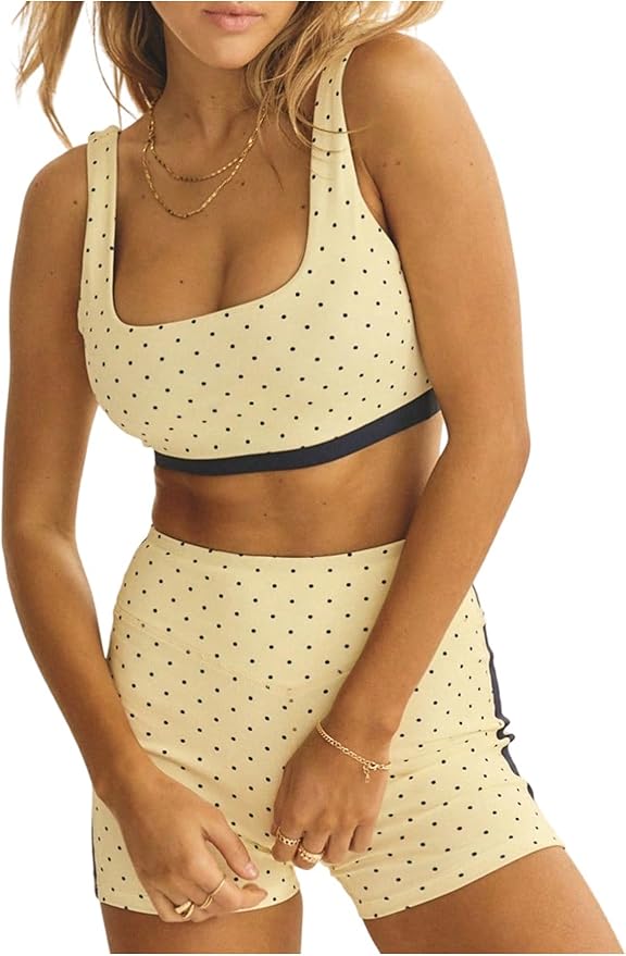 Milumia Women's Polka Dots Workout Set 2 Piece Color Block Yoga Outfit Bra Tank High Waisted Biker Shorts