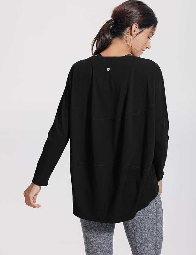 CRZ YOGA Pima Cotton Boat Neck Long Sleeve Shirts for Women - Workout Athletic Yoga Casual Tops Loose Fit Fall T-Shirts