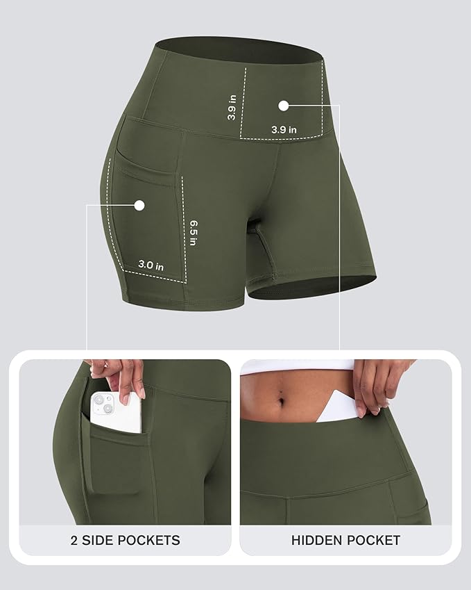 CHRLEISURE Womens Biker Yoga Shorts with Pocket, High Waisted Tummy Control 5 Inch Workout Spandex Athletic Gym Shorts