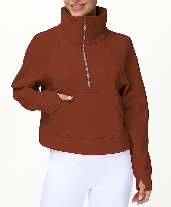 THE GYM PEOPLE Womens' Half Zip Pullover Fleece Stand Collar Crop Sweatshirt with Pockets Thumb Hole