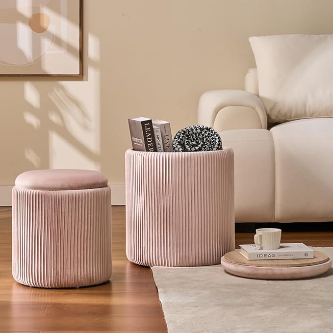 BLEXA Round Set of 2 Ottoman with Storage-Upholstered Velvet Vanity Stool for Makeup Multifunctional Ottomans Coffee Table Padded Seat Foot Rest for Living Room&Bedroom(Pink)