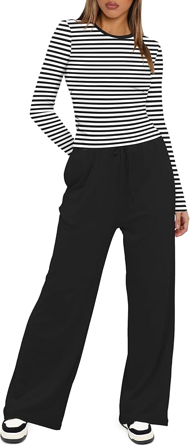 Darong Women's 2 Piece Outfits Lounge Sets 2026 Long Sleeve Tops Wide Leg Pants Casual Matching Set