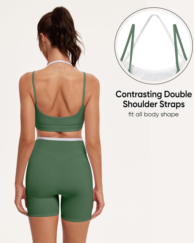 OMKAGI Workout Sets for Women Cute Doubel Layer Open Back Sports Bras Gym Shorts Outfits
