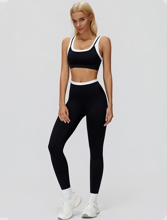 Women 2 Piece Workout U Back Color Block Sports Bra High Waist Active Leggings Yoga Pilates Outfits