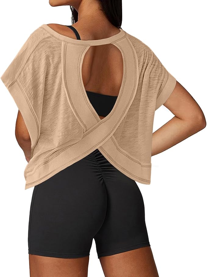 UNIANKIYA Open Back Workout Tops for Women Loose Fit Athletic Crop Tee Short Sleeve Gym Running Yoga Shirt