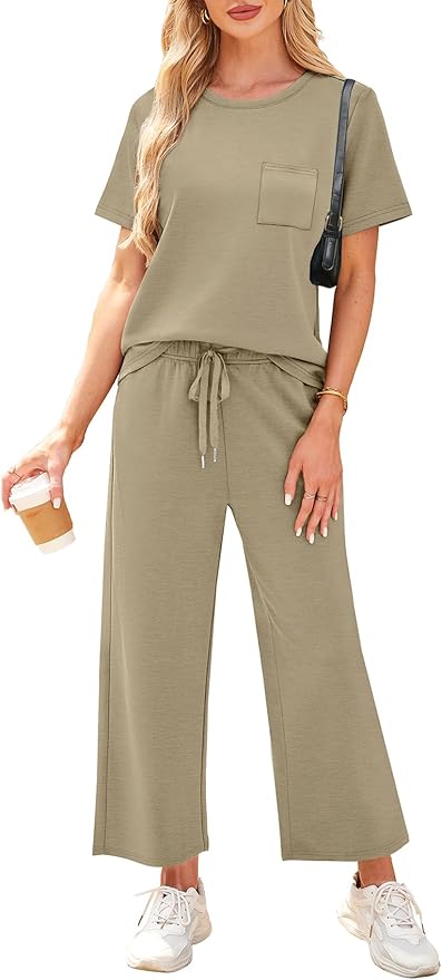 WIHOLL 2 Piece Sets for Women Casual Summer Travel Vacation Outfits Short Sleeve Wide Leg Crop Pants Lounge Sets
