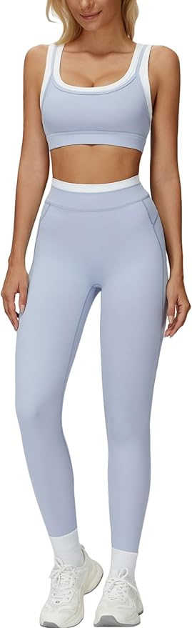 Women 2 Piece Workout U Back Color Block Sports Bra High Waist Active Leggings Yoga Pilates Outfits