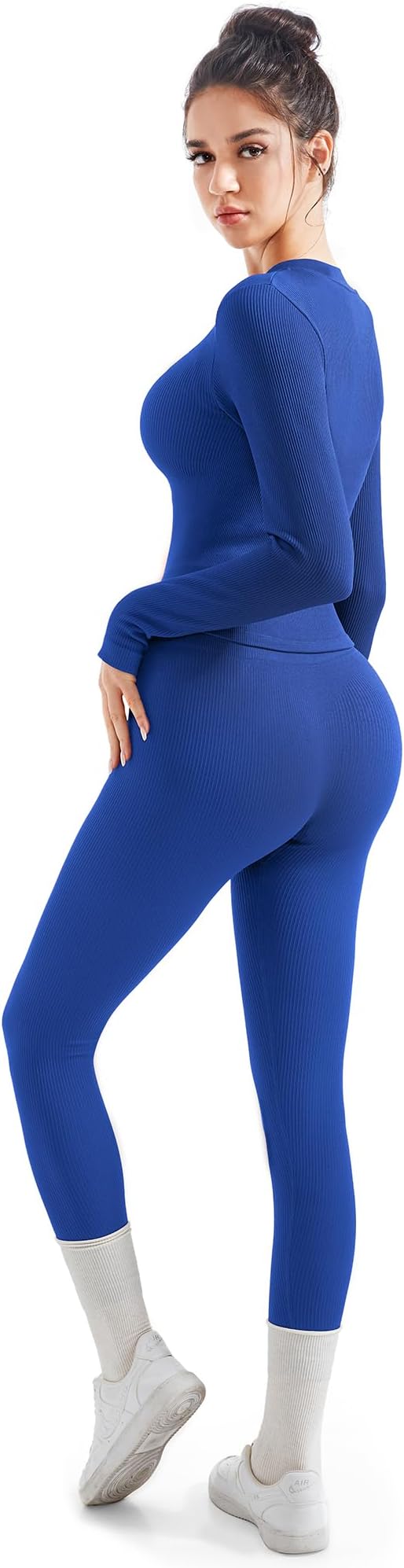 SUUKSESS Women 2 Piece Seamless Ribbed Workout Sets With Zip Up Jacket High Waisted Gym Yoga Leggings
