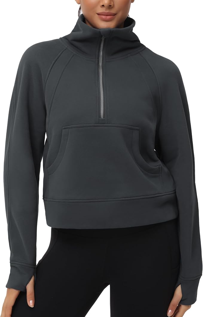 THE GYM PEOPLE Womens' Half Zip Pullover Fleece Stand Collar Crop Sweatshirt with Pockets Thumb Hole