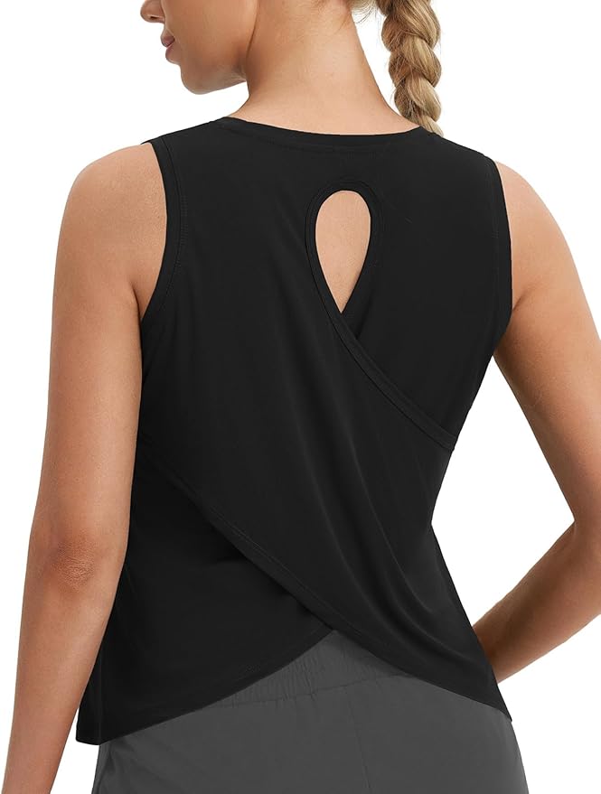 baleaf Women's Workout Tops Athletic Tank Tops Loose Fit Sleeveless Open Back Running Shirts UPF50+ Gym Exercise Yoga
