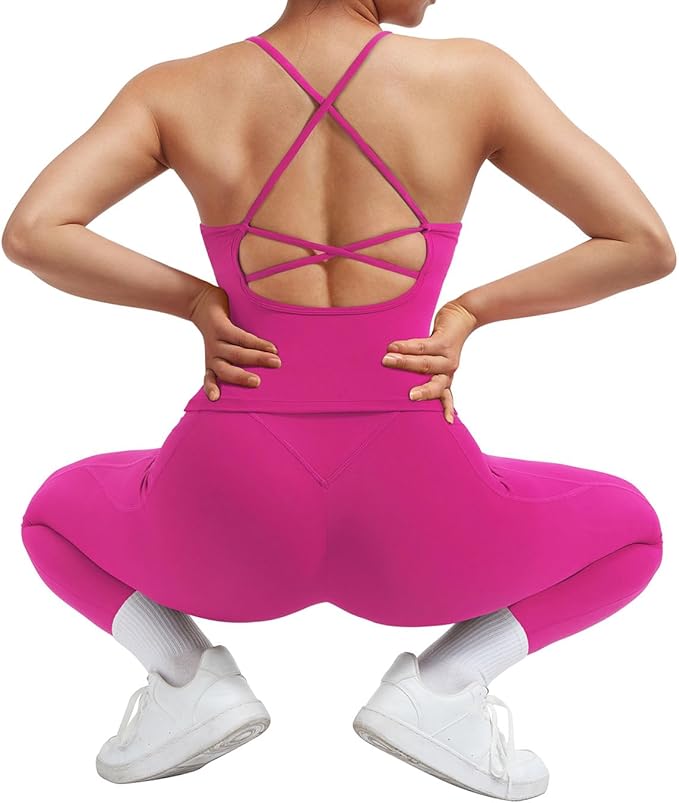 SUUKSESS Women 2 Piece Workout Sets Padded Tank Tops Tummy Control Leggings Gym Outfits