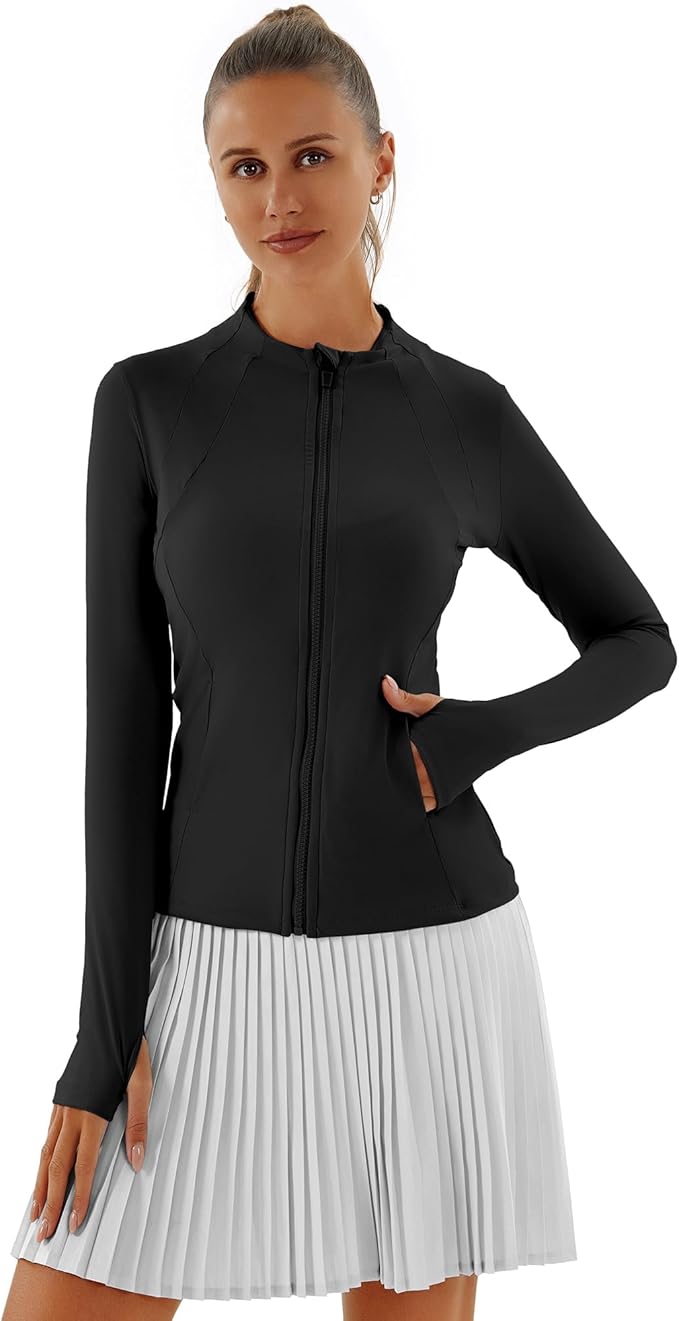 Women Jacket Full Zip UP Workout Athletic Cropped Jacket wIth Thumb Holes Running Yoga Sportswear