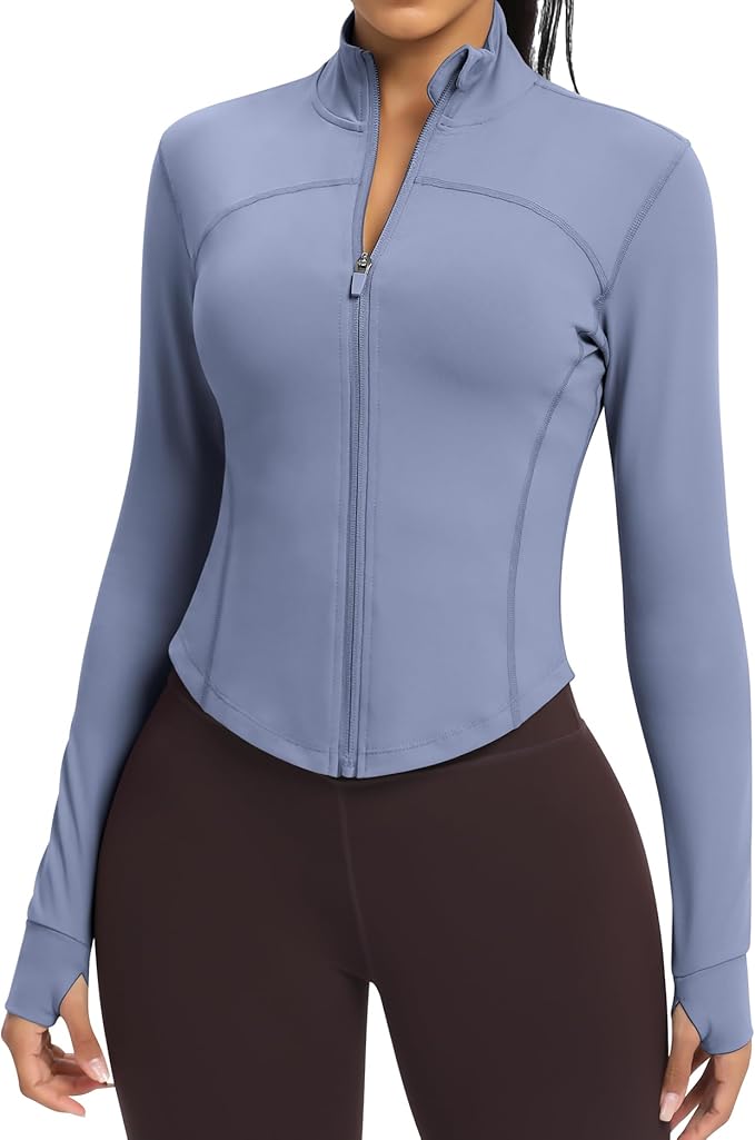 Women BBL Jacket Full Zip UP Workout Athletic Cropped Jacket wIth Thumb Holes Running Yoga Sportswear