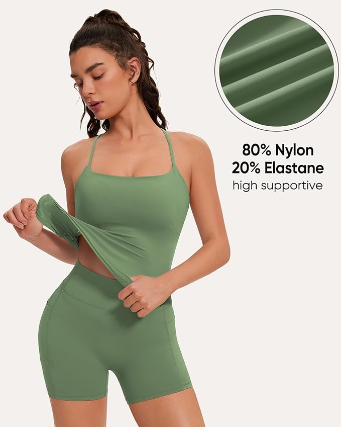 OMKAGI Workout Sets for Women Cute Spaghetti Strap Tank Tops Booty Shorts Outfits with Pockets