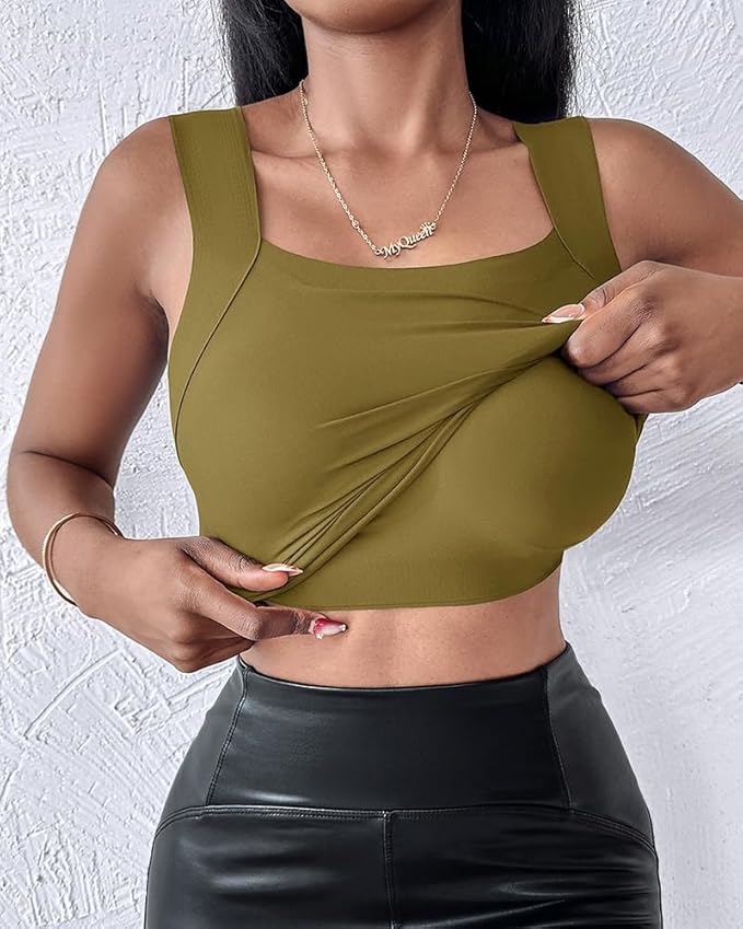 CHICME Womens U Neck Shapewear Built-in Bra Tank High Strechy Sleeveless Slim Fit Tops Camisole Workout Tops