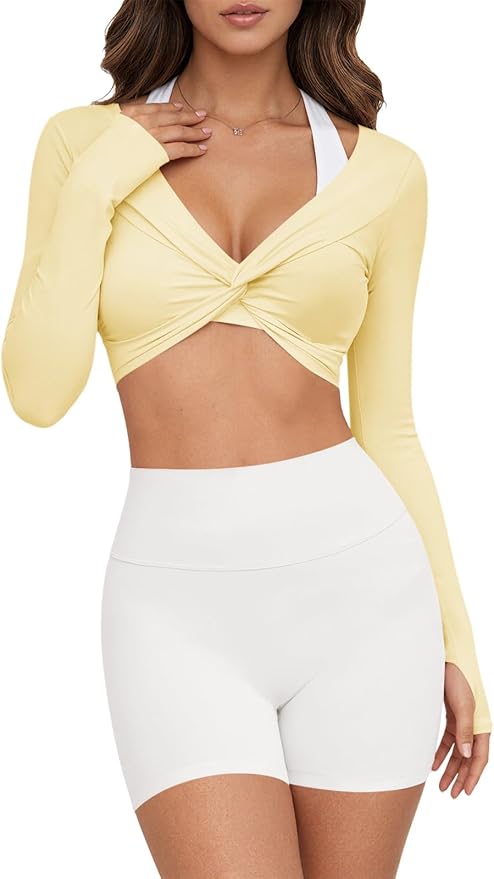 Yousify Womens Long Sleeve Workout Crop Tops Twist Deep V Neck Y2k Yoga Pilates Ballet T Shirt Top with Thumb Holes