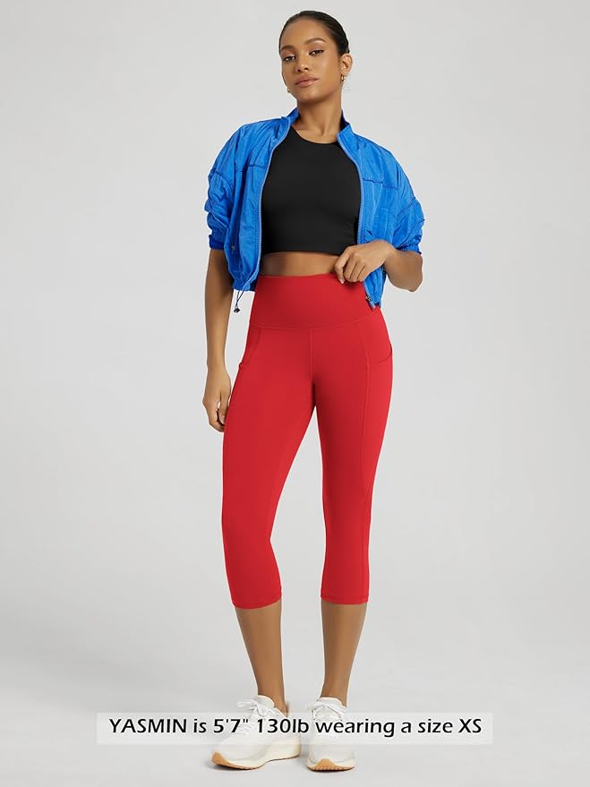 ODODOS Women's High Waisted Yoga Capris with Pockets, Tummy Control Non See Through Workout Athletic Running Capri Leggings