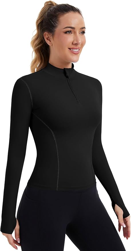 ZHENWEI Womens Workout Tops Long Sleeve Quarter Zip Pullover Quick Dry Golf Shirt Athletic Slim Fit Crop Yoga Gym Tops