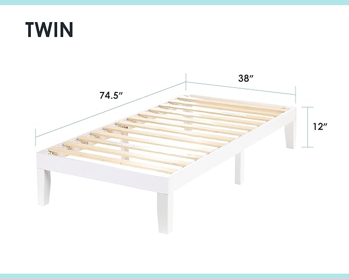 Mellow Naturalista Classic 12 Inch Solid Wood Platform Bed with Wooden Slats, Twin, White