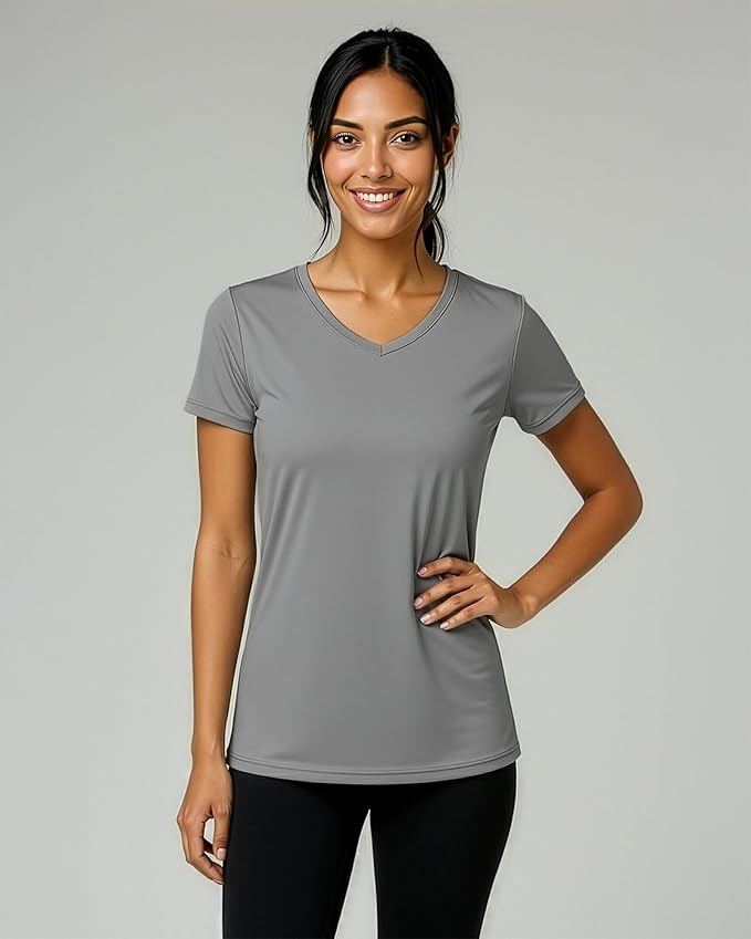 Real Essentials 5 Pack: Women's Dry-Fit Short Sleeve V Neck T Shirt Workout Fitness Yoga Top Tee (Available in Plus Size)