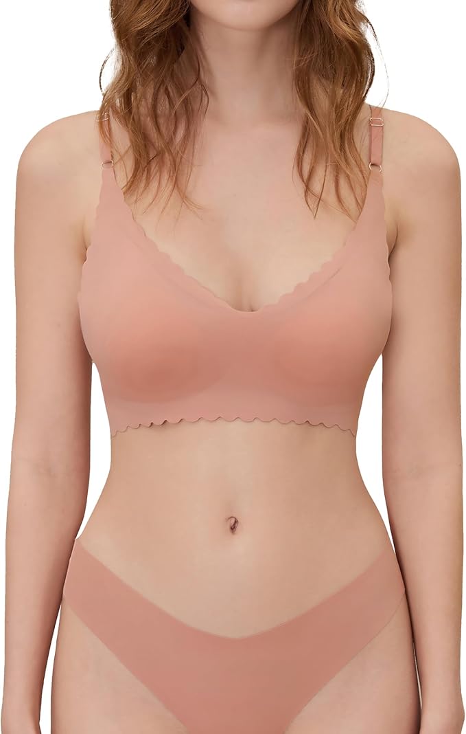 DEANGELMON V Neck Bra Padded Seamless Adjustable Straps Bralettes Everyday Basic Sleeping Bras Multiple Pack