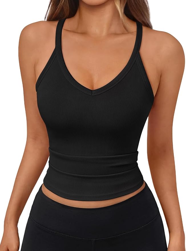 Trendy Queen Womens Racerback Ribbed Tank Tops Soft Stretch V Neck Workout Casual Tops Summer Sleeveless Crop Camisole