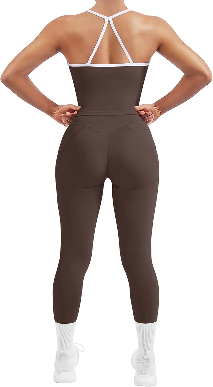 SUUKSESS Women 2 Piece Workout Sets Compression Tummy Control Leggings with Pockets Halter Built in Bra Tank Tops