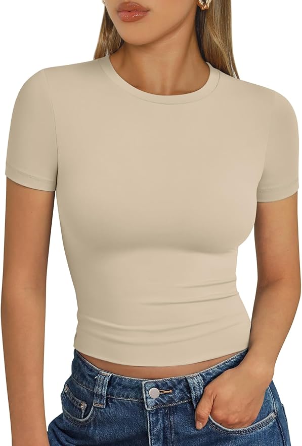 Trendy Queen Womens Short Sleeve T Shirts - Buttery Soft Summer Crop Tops Slim Fit Y2k Basic Tees for Workout
