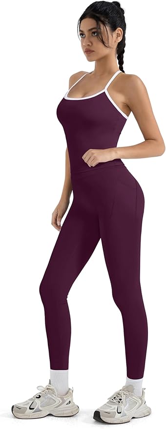 SUUKSESS Women 2 Piece Workout Sets Compression Tummy Control Leggings with Pockets Halter Built in Bra Tank Tops