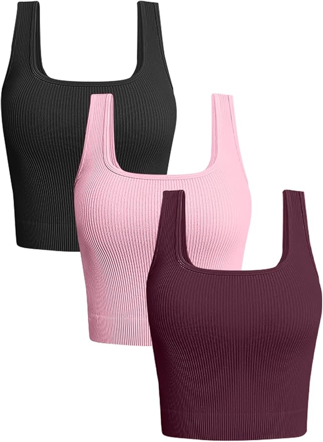 OLCHEE Womens 3 Pack Crop Tank Tops Basic Seamless Ribbed Sleeveless Square Neck Workout Top Summer Exercise Yoga Gym Shirts