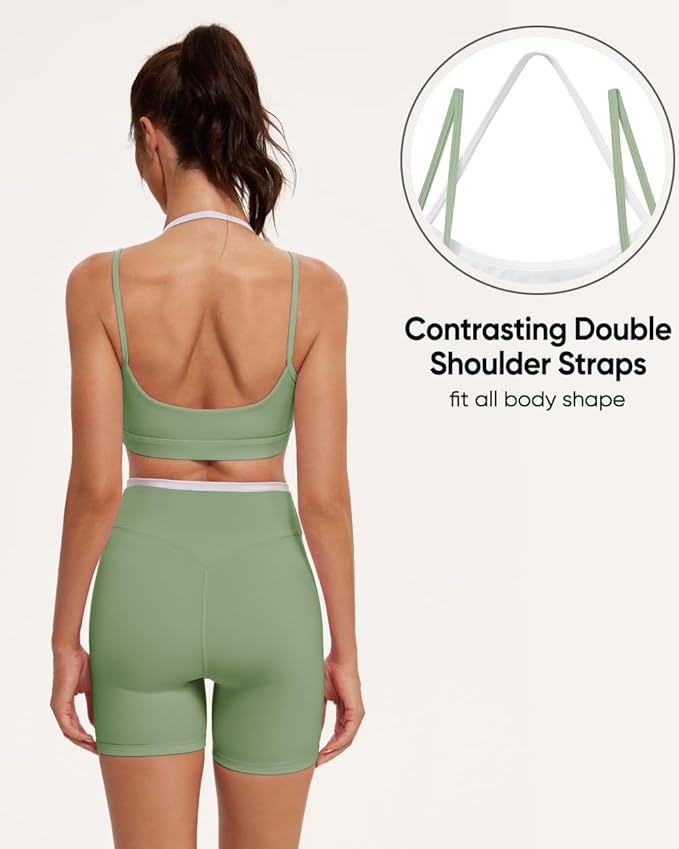 OMKAGI Workout Sets for Women Cute Doubel Layer Open Back Sports Bras Gym Shorts Outfits