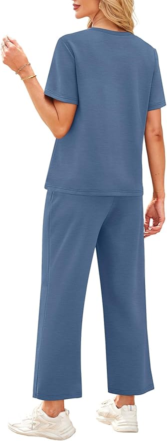 WIHOLL 2 Piece Sets for Women Casual Summer Travel Vacation Outfits Short Sleeve Wide Leg Crop Pants Lounge Sets