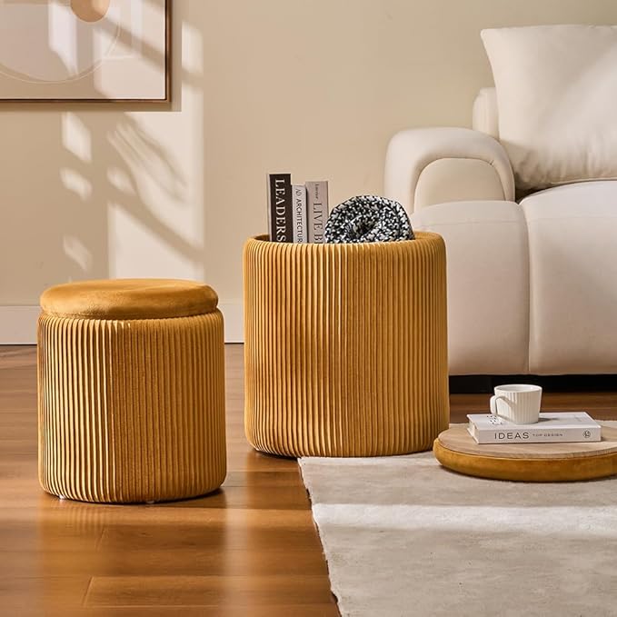 BLEXA Round Set of 2 Ottoman with Storage-Upholstered Velvet Vanity Stool for Makeup Multifunctional Ottomans Coffee Table Padded Seat Foot Rest for Living Room&Bedroom (Yellow)