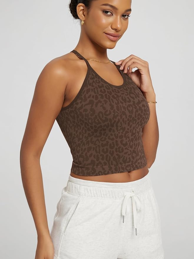 ODODOS Women's Crop 3-Pack Seamless Rib-Knit Camisole Crop Tank Tops