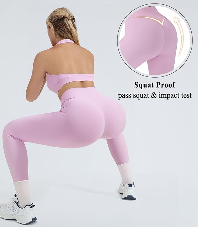 OMKAGI 2 Piece Workout Sets for Women Halter Sports Bras Gym Sets Booty Leggings Outfits