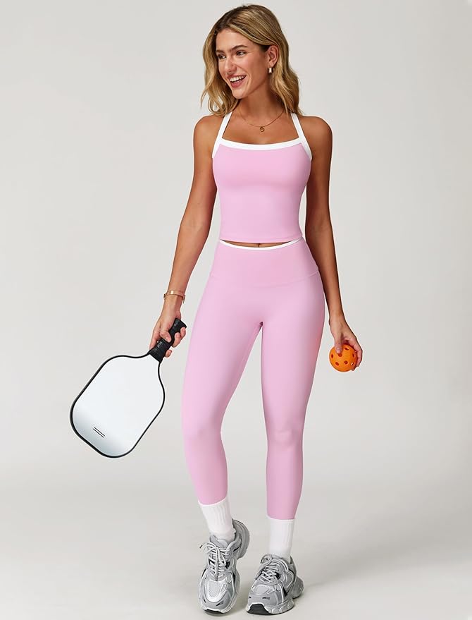 QBGJTD Womens Workout Sets Two Piece Cross Back Tank Top Matching High Waist Leggings Sets Gym Outfits Work Out Clothes
