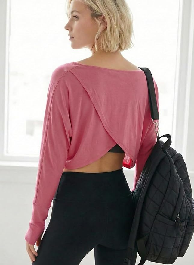 Sanutch Women’s Split Back Long Sleeve Crop Yoga Top – Soft Breathable Boat Neck Athleisure Tee for Everyday Wear