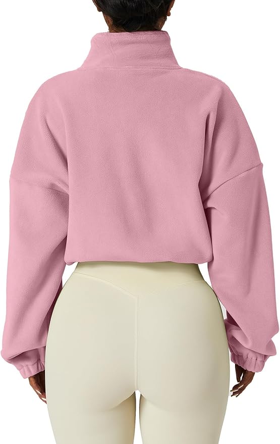 QINSEN Women's Full Zip Fleece Short Jacket Warm Winter Long Sleeve Stand Collar Sherpa Crop Coat