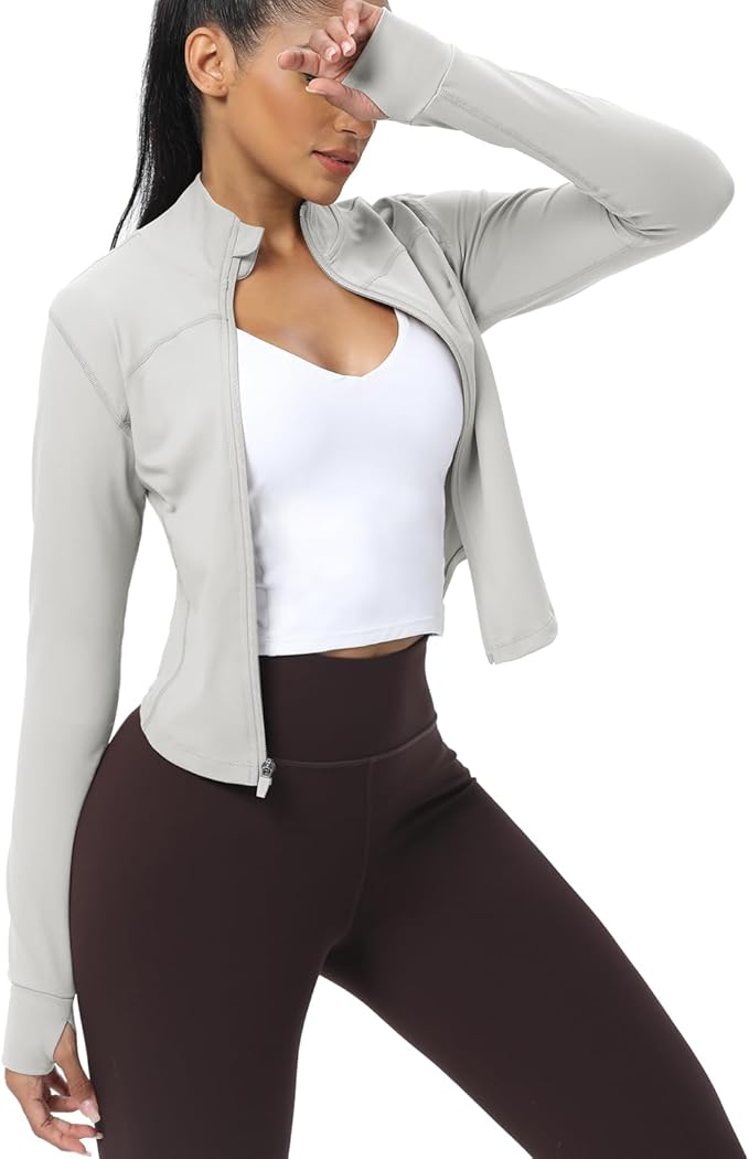 AVGO Women's Cropped Running Workout Jackets Zip Slim Fit Athletic Tops with Thumb Holes