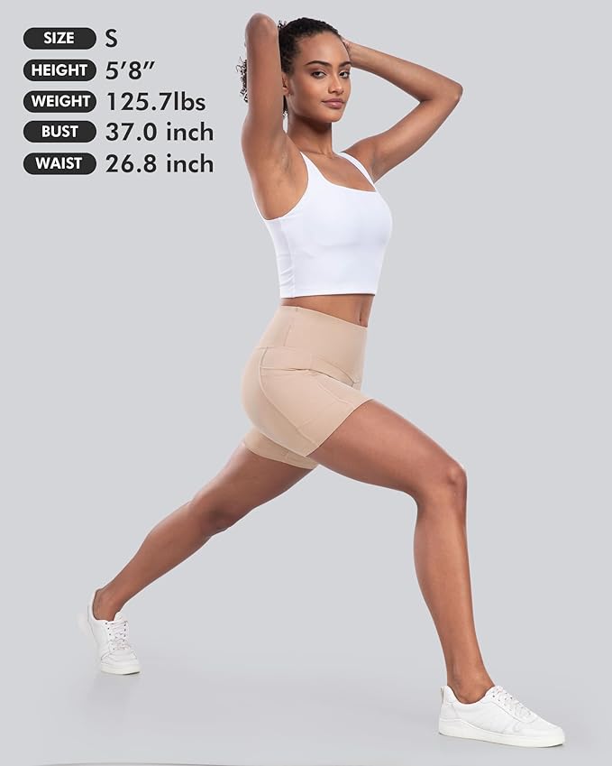 CHRLEISURE Womens Biker Yoga Shorts with Pocket, High Waisted Tummy Control 5 Inch Workout Spandex Athletic Gym Shorts