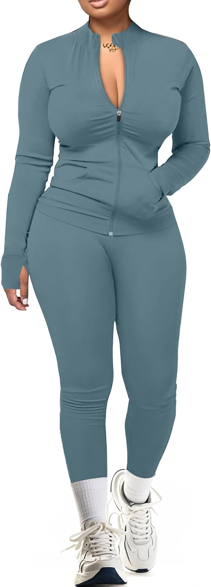 UOUA Two Piece Outfits Women Tracksuit Sets Long Sleeve Zip Up Jacket & Leggings for Gym Workout Set
