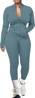 UOUA Two Piece Outfits Women Tracksuit Sets Long Sleeve Zip Up Jacket & Leggings for Gym Workout Set